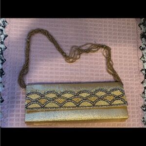Miche Gold Beaded Evening Clutch Bag Metallic Glitter Striped‎ Lining